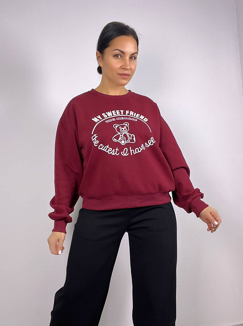 Свитшот женский A-N 25057 с рисунком мишкой впереди оверсайз средней длины комфорт one size, бордовый, one size Киев - изображение 16
