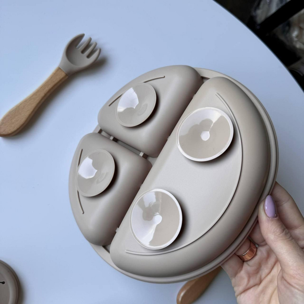 Детский набор силиконовой посуды для первого прикорма 9 предметов силиконовая посуда на присосках цвет беж Киев - изображение 4