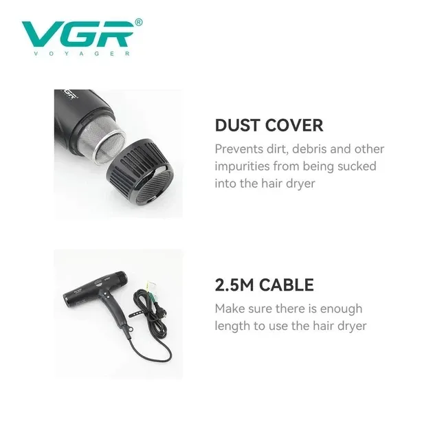 Професійний фен VGR V-469: BLDC 110k об/хв, 2400 Вт, 4 теми / 4 обдування, 2 насадки, кабель 2.5 м Одеса - фото 4