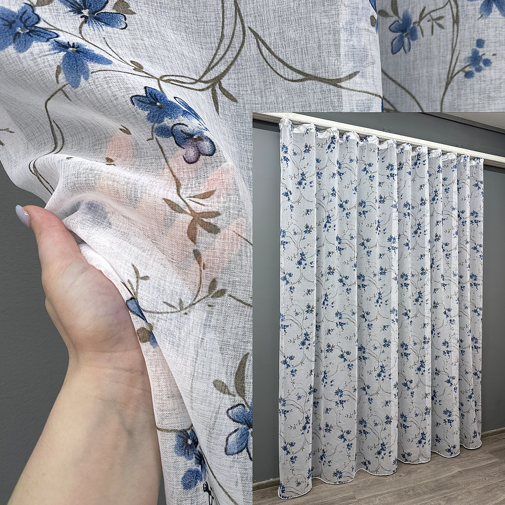 Тюль VR-Textil 1533т Flora Батист Білий із синьо-коричневим 300х270 см (42-0444) Київ - фото 1
