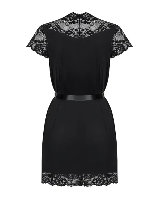 Сатиновий відкритий пеньюар на поясі Obsessive 810-PEI–1 peignoir black S/M, чорний Львов - изображение 6