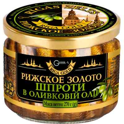 Рибні консерви Ризьке золото Шпроти в оливковій олії 270 г с/б (4820062447492) Вінниця