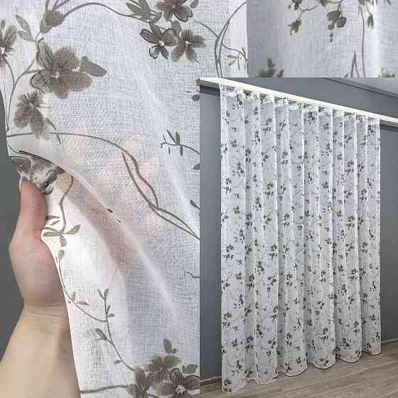 Тюль батист, колекція «Flora» колір білий з коричневим принтом 1532т Київ