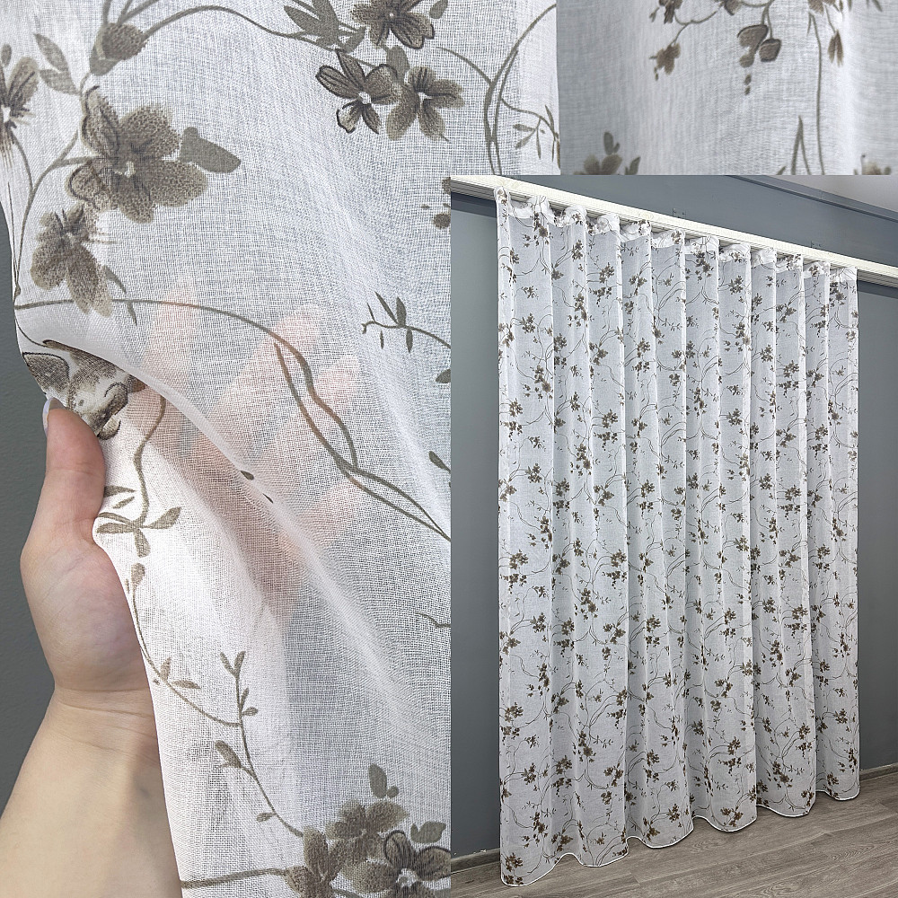 Тюль батист, колекція «Flora» колір білий з коричневим принтом 1532т Київ - фото 1