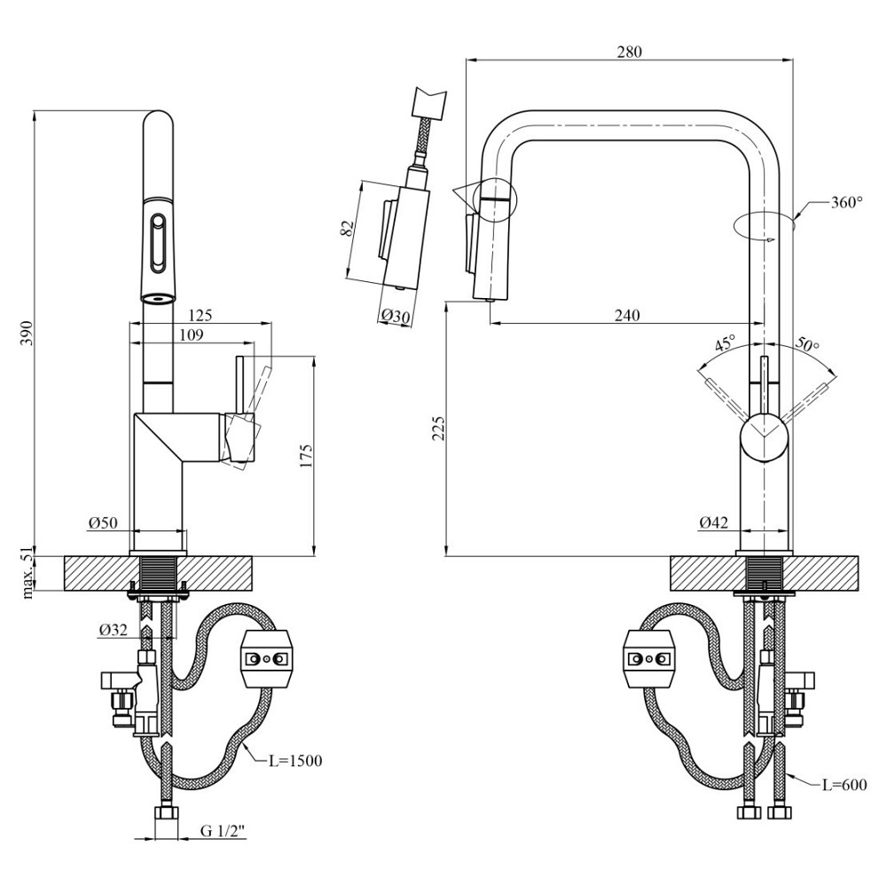 Смеситель для кухни с выдвижным изливом Kroner Element 296569B-3801 под фильтр, черный Киев - изображение 9