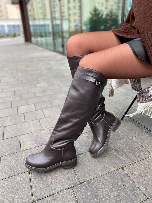 Чоботи з натуральної шкіри жіночі зимові шоколадні C122 / Чоботи на низькому ходу шкіряні р. 36 Коломия - фото 4