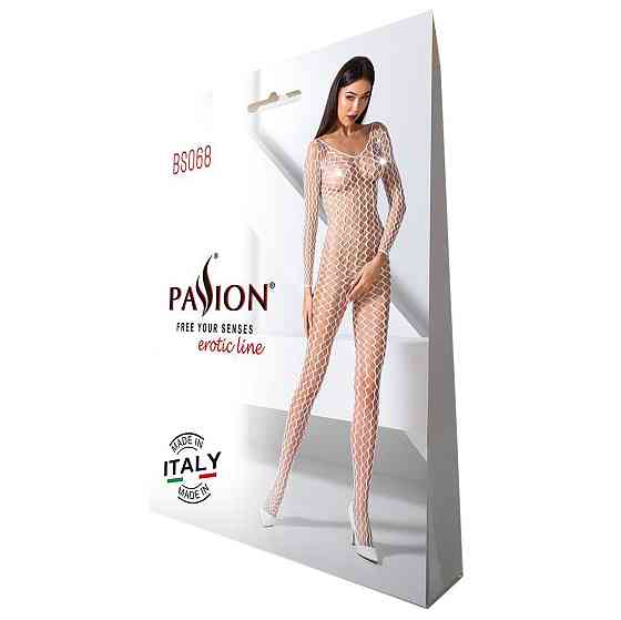 Бодістокінг Passion BS068 white, комбінезон, велика сітка, довгий рукав Sex Aura Київ