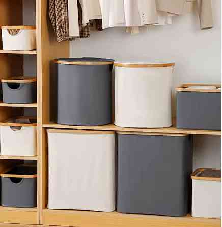 Корзина для белья складная с крышкой и бамбуковыми ручками,серая Каменец-Подольский