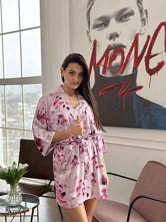 Халат жіночий шовковий під пояс Квітковий принт Рожевий M\L Харків