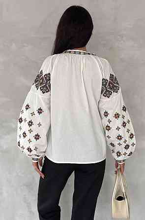 Жіноча сучасна вишиванка з об'ємним рукавом домотканий льон Білий, 52 Одеса