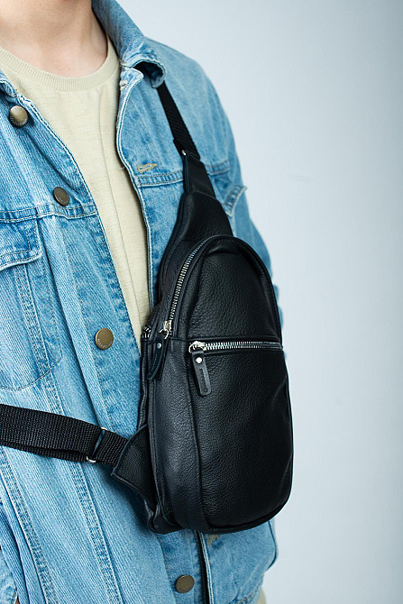 Мужская сумка-слинг из натуральной кожи, сумка через плечо SL016 (Черная) Сумы - изображение 2