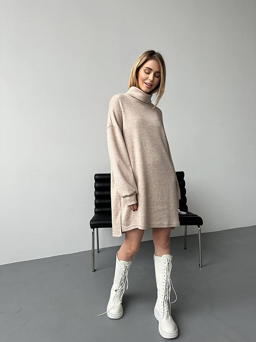 Женское теплое базовое платье турецкое двухсторонняя ангора Бежевый Одесса - изображение 9