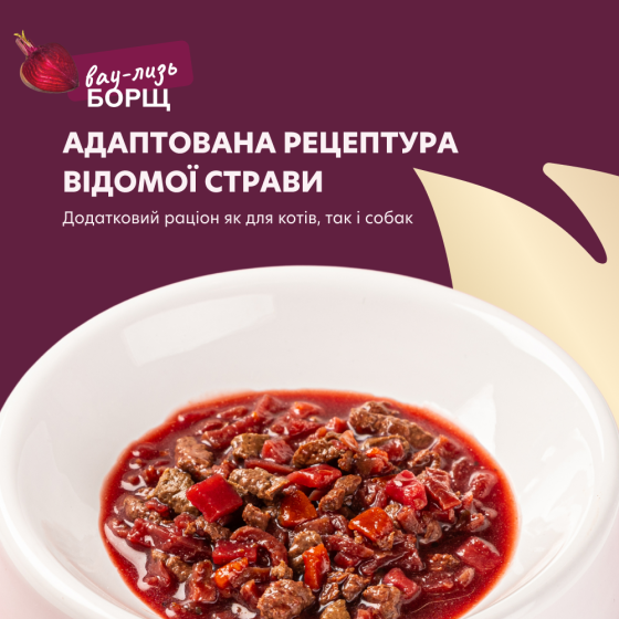 Додатковий консервований корм Delickcious Борщ для дорослих котів та собак з яловичиною, буряком та морквою у соусі, 85 г Вінниця