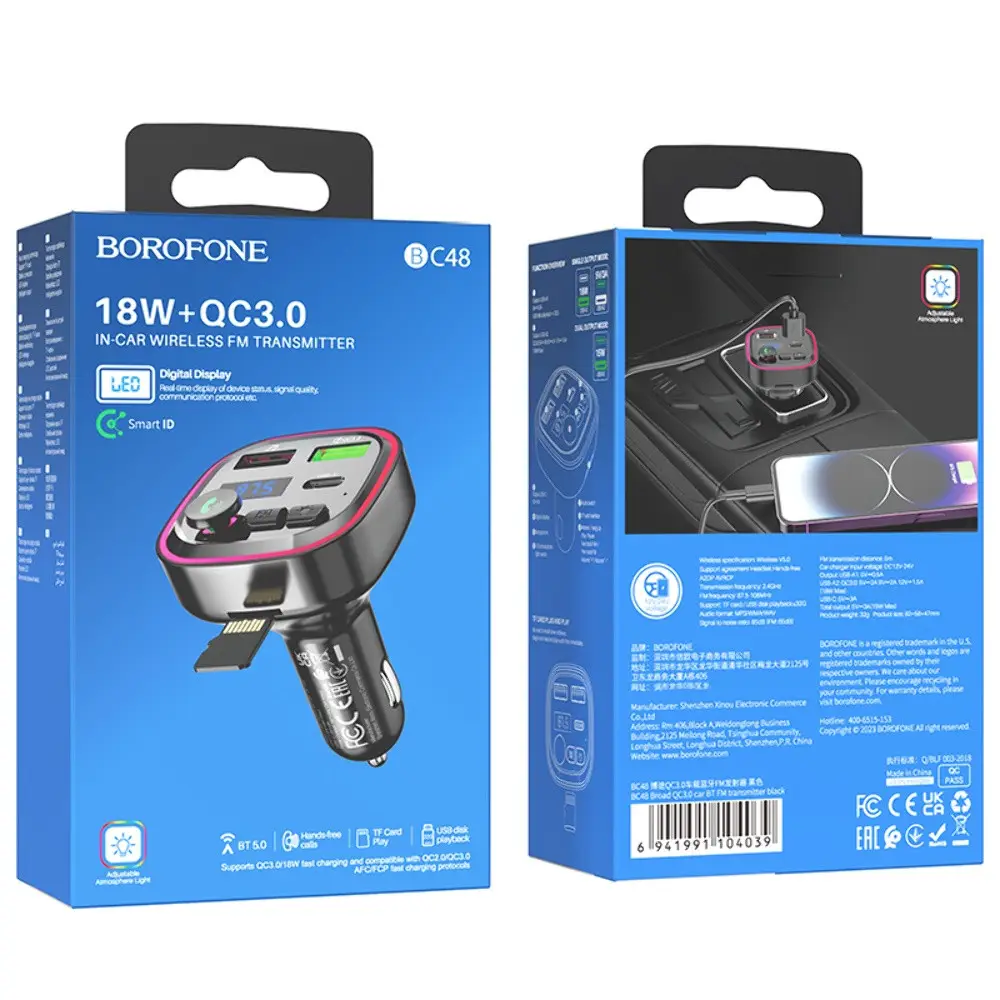 АЗП з FM-модулятором BOROFONE BC48 Broad QC3.0 car BT FM transmitter 18W Black Київ - фото 5