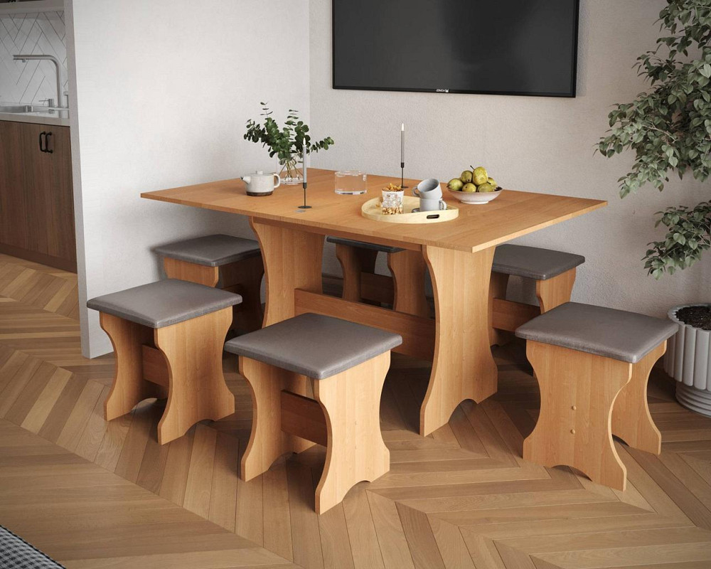 Обеденный стол и 6 мягких табуреток (комплект 7 предметов). МС - Ольха Львов - изображение 1