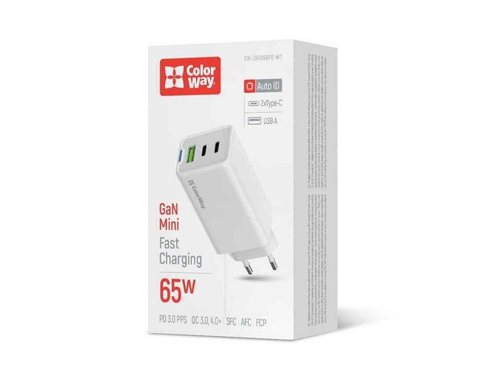 Сетевое зарядное устройство GaN Mini 65W PD Port PPS USB (USB-2C1A) белое ТМ СolorWay Киев - изображение 1