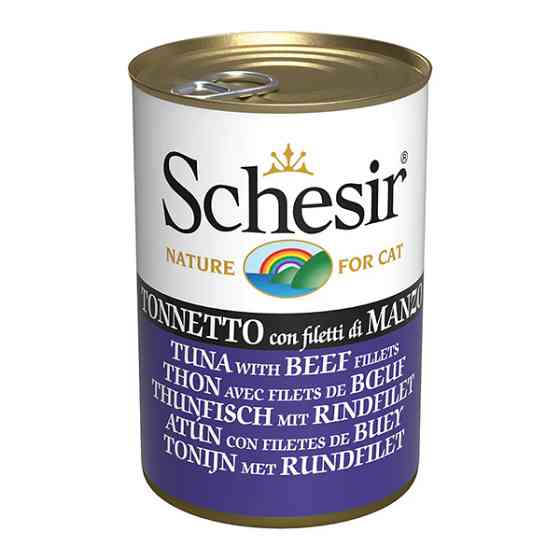 Schesir Tuna with Beef Fillets ШЕЗИР ТУНЕЦ С ФИЛЕ ГОВЯДИНЫ в желе натуральные консервы для котов, влажный корм, банка 140г Киев