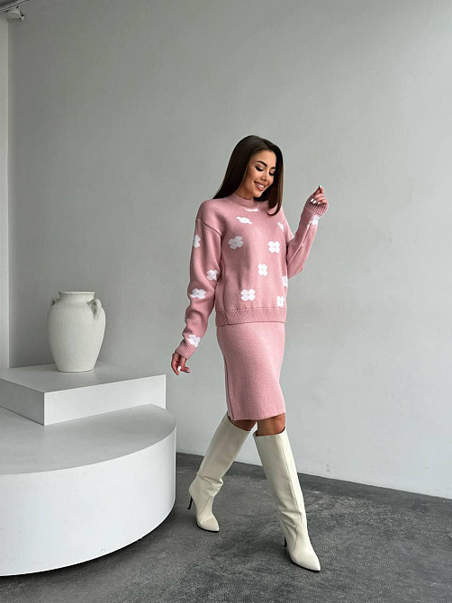 Жіночий базовий в'язаний костюм-двійка машина в'язка пудра Одеса - фото 6