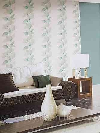 Вінілові шпалери на флізелін AS creation Attractive листя великі смугою бірюзові салатові сірі на білому Київ