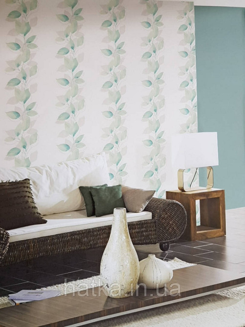 Вінілові шпалери на флізелін AS creation Attractive листя великі смугою бірюзові салатові сірі на білому Київ - фото 1
