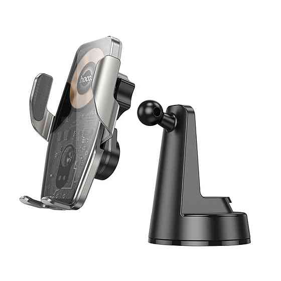 Тримач для мобільного з БЗП HOCO HW27 Traveler infrared RGB wireless fast charging car holder(center console) Black metal gray (6942007626361) Київ