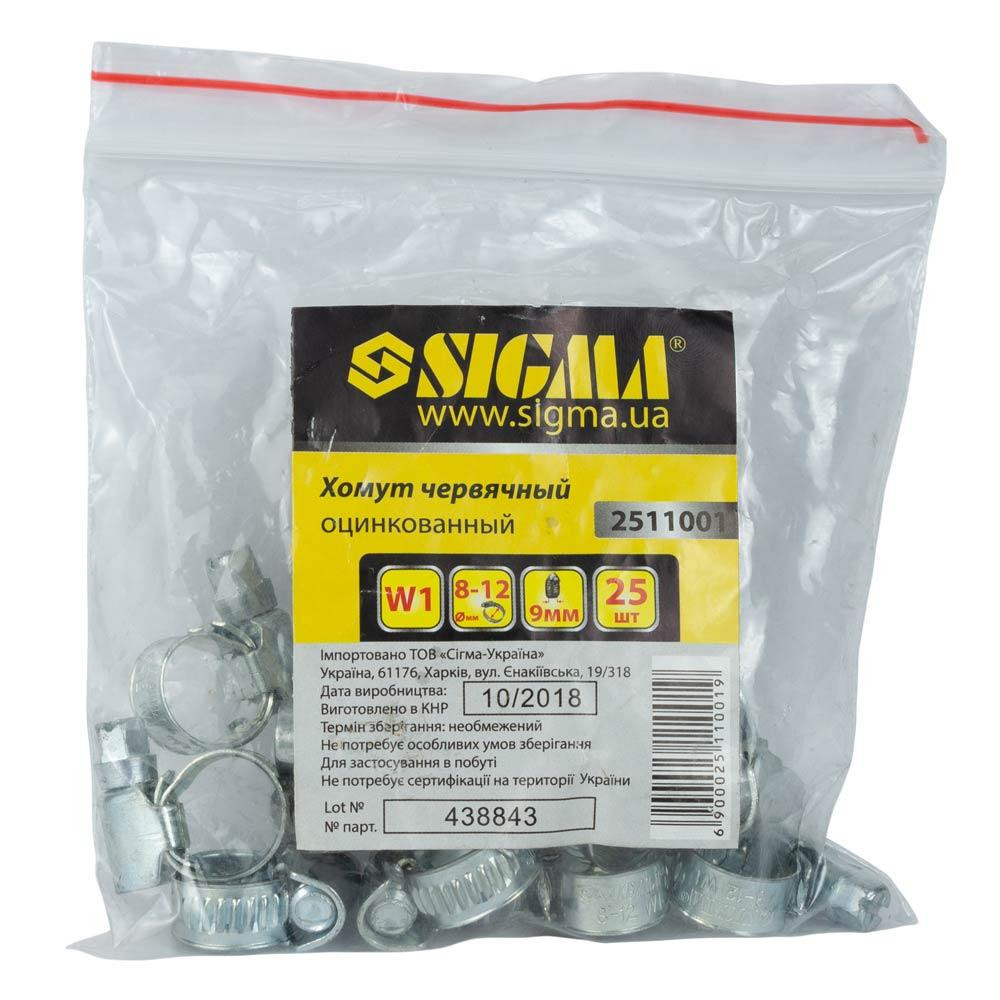 Хомут черв'ячний оцинкований 9 мм D8-12мм 25шт SIGMA (2511001) Київ - фото 2