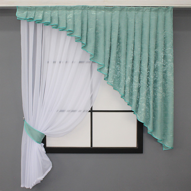 Кухонный комплект VR-Textil № 039к шторка с ламбрекеном белый с бирюзовым 150х170 см (52-0816) Киев - изображение 1