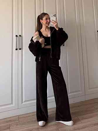 Жіночий стильний костюм-трійка: кофта топ і штани з турецького плюшевого велюру Шоколадний, 46/48 Одеса