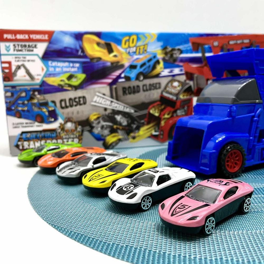 Трейлер-автовоз розкладний з набором машинок 6шт Синій (K180A10) Чернігів - фото 4