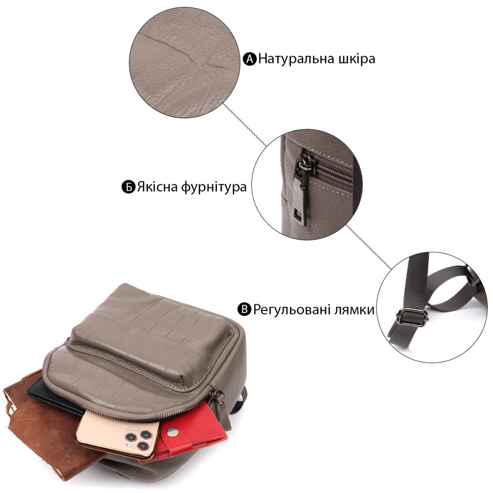 Жіночий компактний рюкзак з натуральної шкіри Vintage 22435 Сірий Київ - фото 4