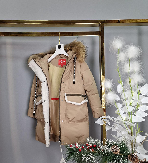 Детская бежевая зимняя куртка пальто на девочку с натуральным мехом 104,110 Николаев - изображение 2