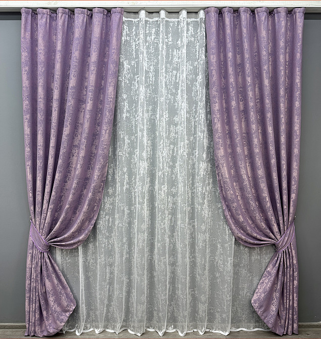 Комплект штор VR-Textil Жакард Мармур 100х270 2шт і Тюль 400х270 1764ш-1400т Бузковий з білим 71-020/2 Київ - фото 1