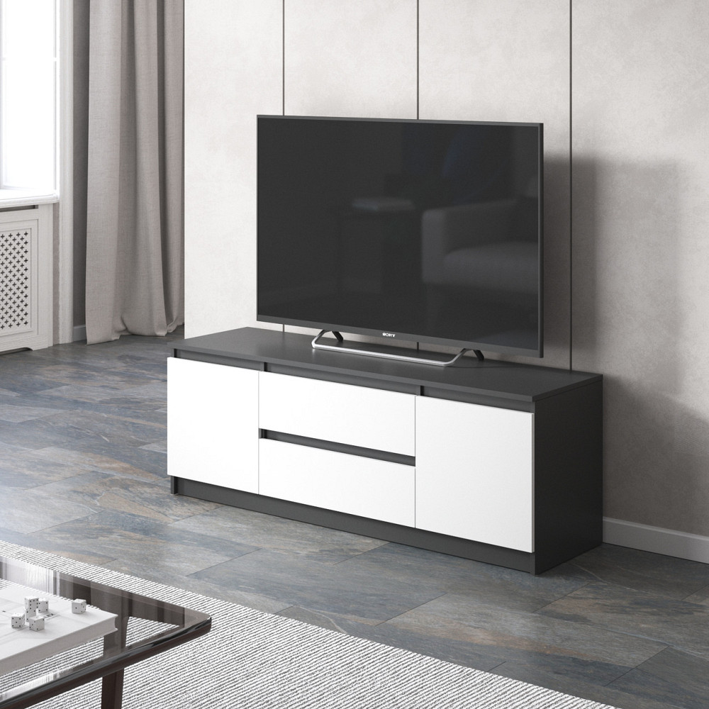 Тумба под телевизор VAYS, для гостиной, современная, 2 выдвижных ящика и две двери, без ручек R-28 Антрацит-Белый фасад Львов - изображение 1