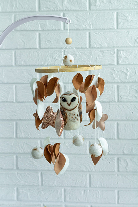 Дитячий мобіль на ліжечко для немовлят ручної роботи WooolyWool «Сова» Київ - фото 1