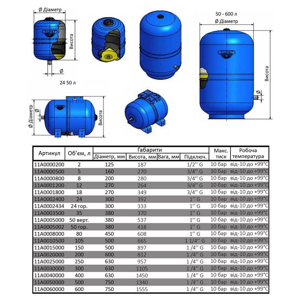 Гидроаккумулятор c фиксированной мембраной 24л Zilmet HYDRO-pro 10bar вертикальний ( 11A0002400 ) Киев - изображение 4