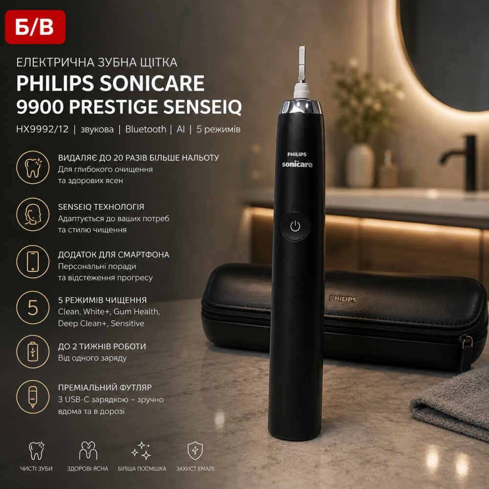 Б/В Електрична зубна щітка Philips Sonicare 9900 Prestige SenseIQ HX9992/12, звукова, Bluetooth, AI, 5 режимів, футляр із USB-C Київ - фото 10