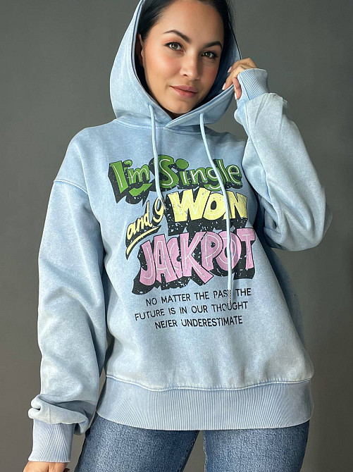Худи женский A-N 25040 удлиненный оверсайз с капюшоном вареный дай цветная надпись впереди one size, голубой, one size Киев - изображение 17