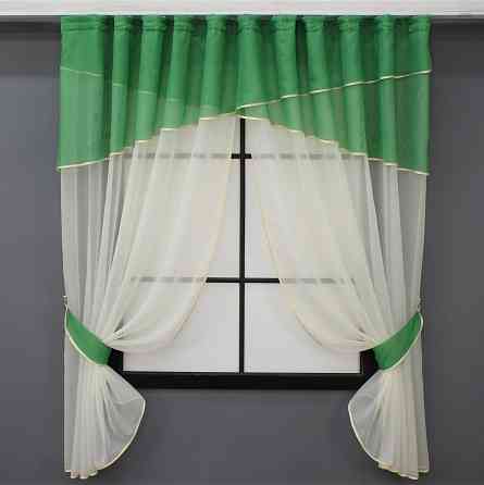 Кухонные шторы VR-Textil № 091к с ламбрекеном и подвязками зеленый с молочным 280х170 см (52-0868) Киев