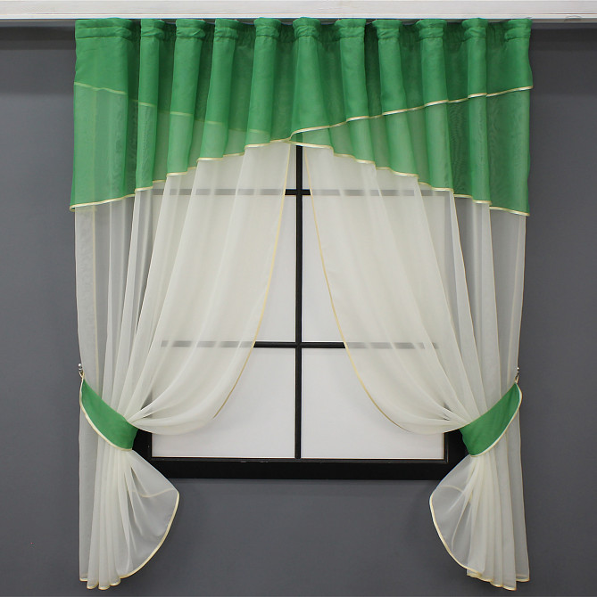 Кухонные шторы VR-Textil № 091к с ламбрекеном и подвязками зеленый с молочным 280х170 см (52-0868) Киев - изображение 1