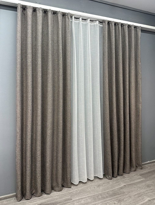 Комплект штор VR-Textil Лен Мешковина 100х270 2шт и Тюль 300х270 1769ш-115т Серый с белым 71-029/1 Киев - изображение 3
