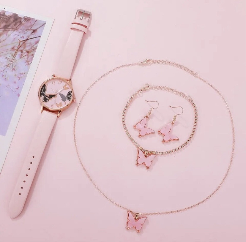 Подарочный набор для женщин Бабочка: наручные часы, браслет, ожерелье и серьги- без подарочной коробки розовый Киев - изображение 4
