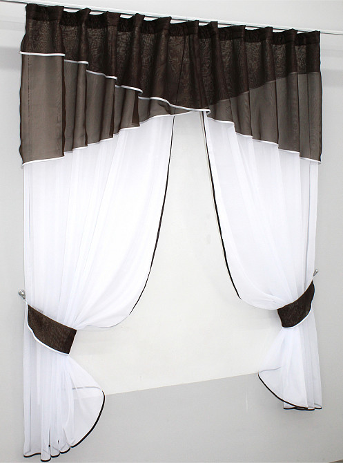 Кухонные шторы VR-Textil № 091к с ламбрекеном и подвязками венге с белым 270х170 см (50-856) Киев - изображение 2