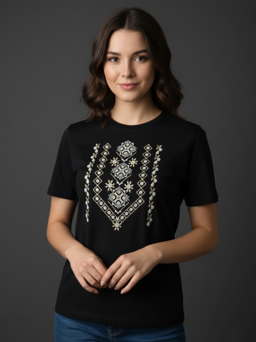 Женская футболка - вышиванка в черном цвете с крупным орнаментом Киев - изображение 1