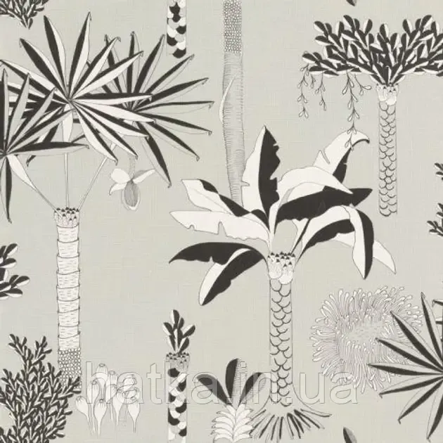 Шпалери вінілові на флізеліні Rasch Clasik 0,53х10 дитячі екзотичні дерева пальми квіти листя чорне на сірому Київ - фото 1
