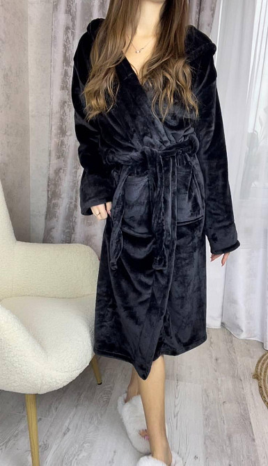 Женский махровый халат длинный Черный, M Харьков - изображение 4