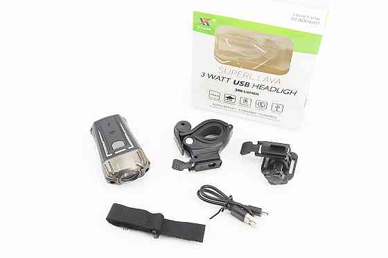 Ліхтар передній 1 діод 300 lumen, Li-ion 3.7V 1200mAh зарядка від USB, вологозахисний, чорно-сірий HJ-049 (можлива пошкоджена упаковка) Киев