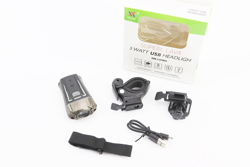 Ліхтар передній 1 діод 300 lumen, Li-ion 3.7V 1200mAh зарядка від USB, вологозахисний, чорно-сірий HJ-049 (можлива пошкоджена упаковка) Киев - изображение 1