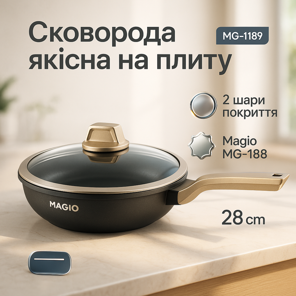 Сковорода Magio MG-1189 28 см с крышкой RJ-11 Львов - изображение 11
