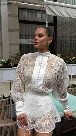 Летний гипюровый костюм рубашка и пышные шорты, нарядный, белый Лубны