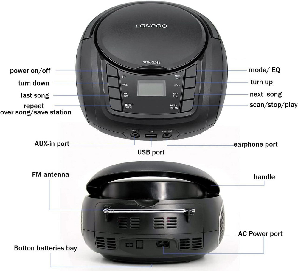Портативний домашній CD-програвач LONPOO LP-D03 з Bluetooth, ретро-бумбокс Bluetooth, USB, MP3, AUX, FM-радіо Дніпро - фото 4